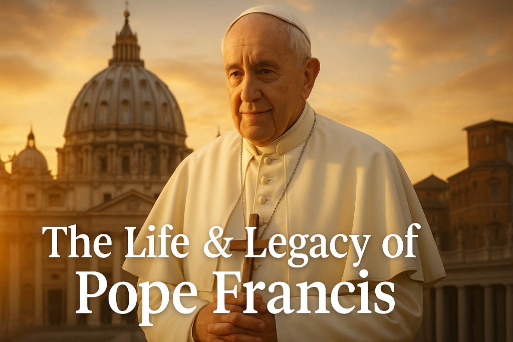 Portrait of Pope Francis in white robes holding a cross in front of St. Peter's Basilica at sunset with the text "The Life & Legacy of Pope Francis"