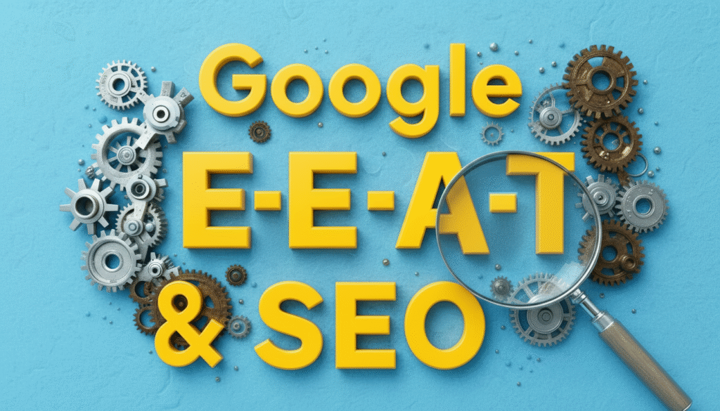 What is Google E-E-A-T and Why is it Important for SEO? Google E-E-A-T and SEO concept with yellow 3D text, magnifying glass, and metal gears on a blue background.