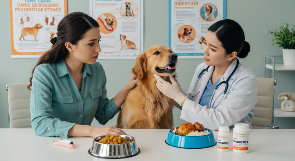 Veterinarian examining a dog for acid reflux symptoms while the owner watches, with healthy dog food and probiotics on the table.