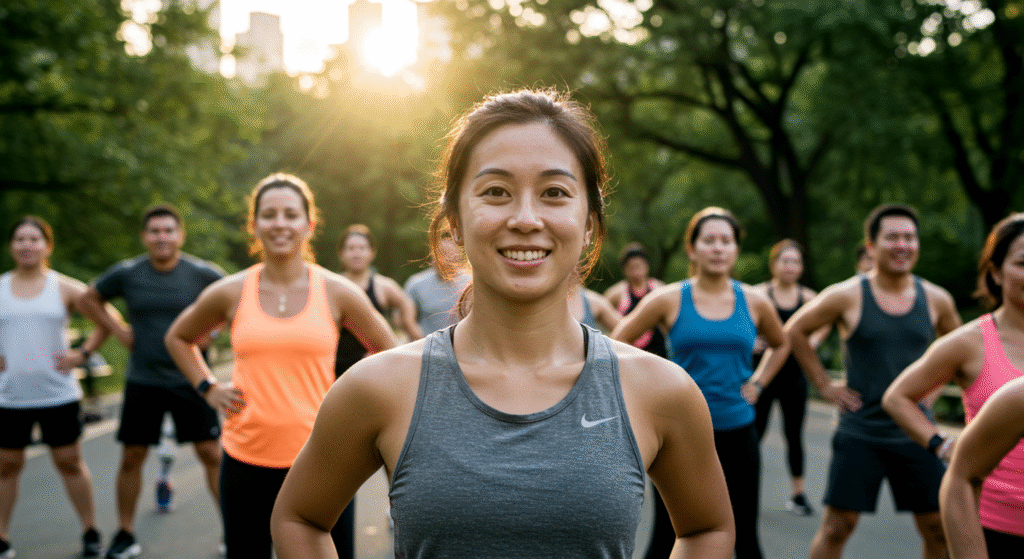 Group of people enjoying outdoor workout.
