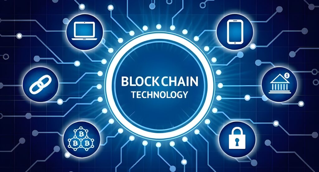 Blockchain technology concept illustration with central circular frame labeled 'BLOCKCHAIN TECHNOLOGY,' surrounded by glowing circuit lines and digital icons.