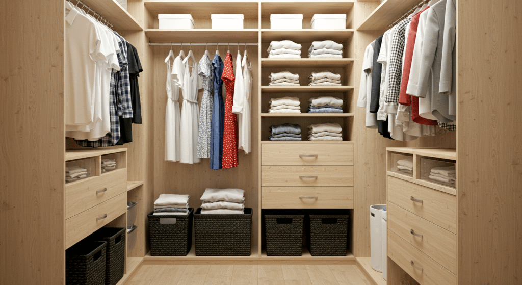 cluttered closet versus simplified capsule wardrobe