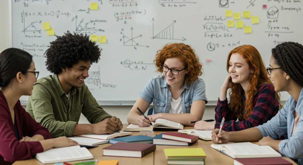 A diverse group of students studying together at a table with books and laptops, smiling and collaborating in front of a whiteboard filled with notes and formulas.