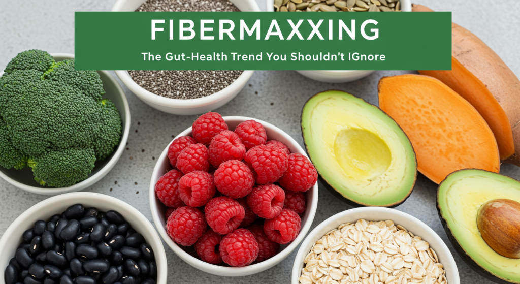 High-angle close-up of black beans, avocado slices, chia seeds, raspberries, sweet potato wedges, and rolled oats in white ceramic bowls on a light gray surface, with a green banner reading "FIBERMAXXING – The Gut-Health Trend You Shouldn’t Ignore.