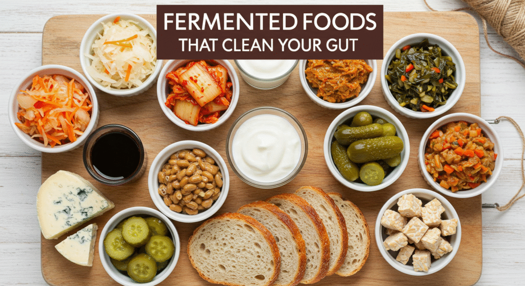 High-angle flat lay of assorted fermented foods in small white bowls on a rustic wooden cutting board, including sauerkraut, kimchi, yogurt, kefir, miso paste, natto, tempeh, sourdough bread, blue cheese, pickles, kombucha, soy sauce, broth, and sliced fermented meat, arranged in a circular pattern with a brown banner reading “Fermented Foods That Clean Your Gut.”