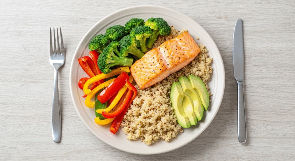 “Balanced weight loss meal with vegetables, lean protein, and whole grains.”