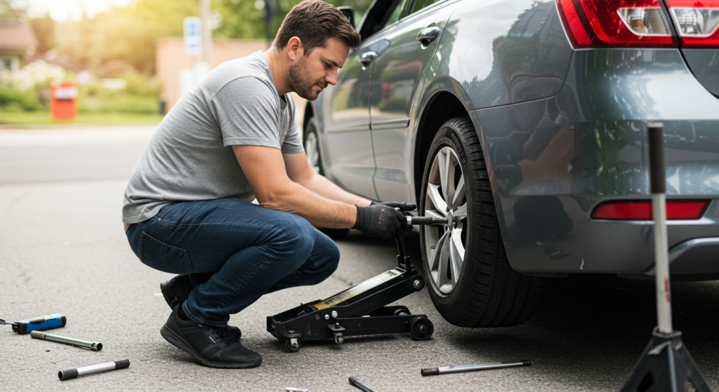 First-time car owner changing a flat tire on the roadside using a jack and lug wrench