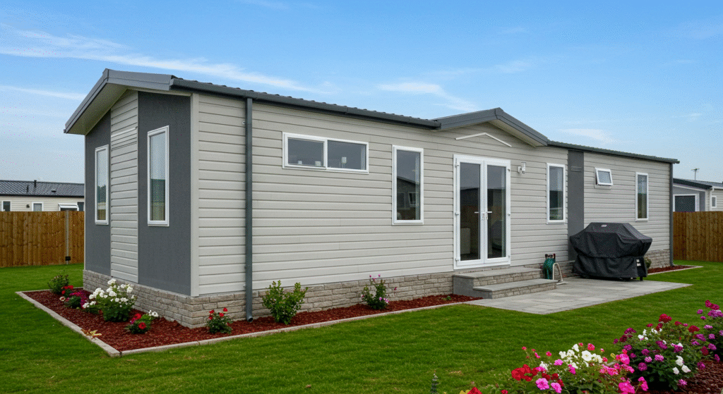 Modern double-wide mobile home with landscaped yard