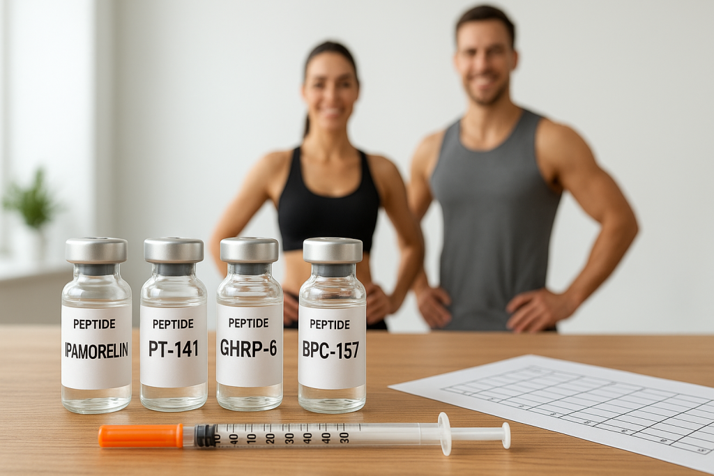 Peptide vials labeled for weight loss with syringe and dosage chart on a wooden desk, fit man and woman in workout clothing smiling in the background.