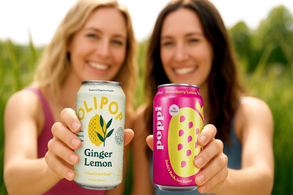 Two smiling women outdoors holding cans of prebiotic soda — an Olipop Ginger Lemon can and a Poppi Strawberry Lemon can — with the cans in sharp focus and the background softly blurred.