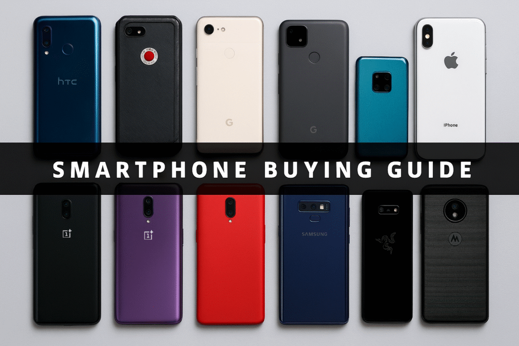 Flat lay of smartphones with text overlay 'Smartphone Buying Guide' on gray background.