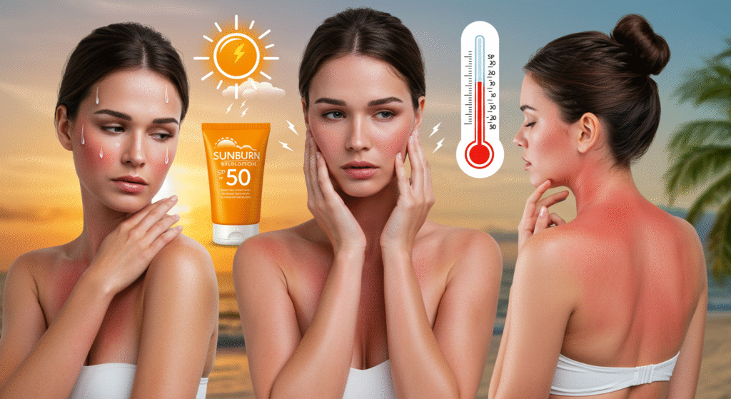 Three women in summer dresses with visible sunburn, showing discomfort and pain, holding sunscreen bottles on a sunny beach.