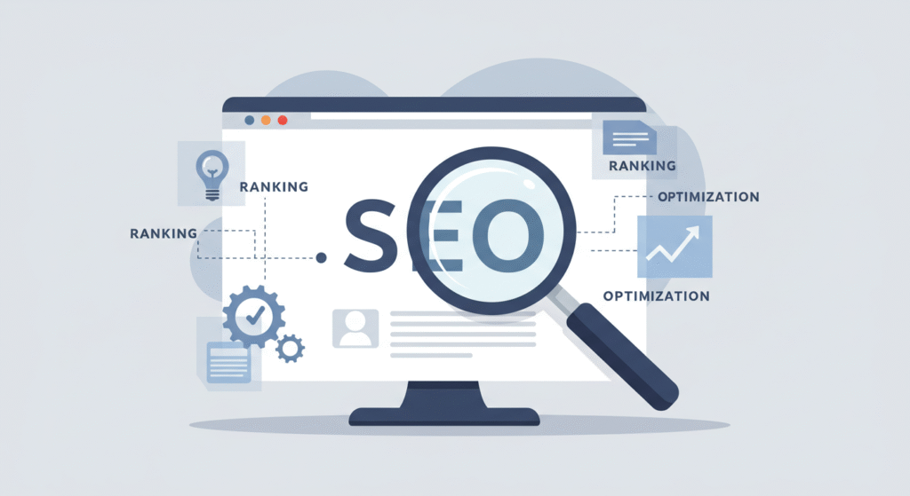 Flat design illustration showing SEO basics with a magnifying glass over the word SEO, and icons for ranking, keywords, and optimization.