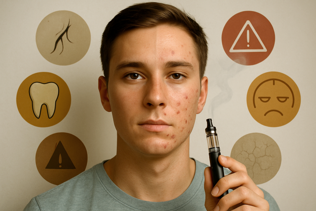 Young adult with acne holding a vape pen and looking concerned, illustrating the possible link between vaping and skin breakouts.