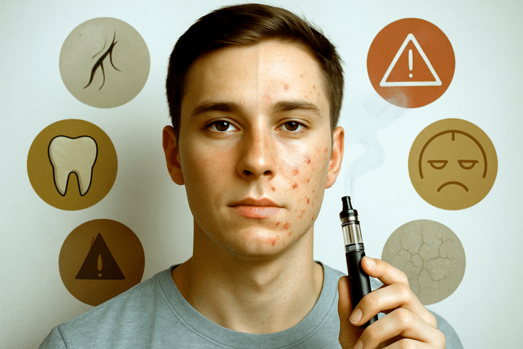 Young man with acne holding an e-cigarette, surrounded by health warning icons.