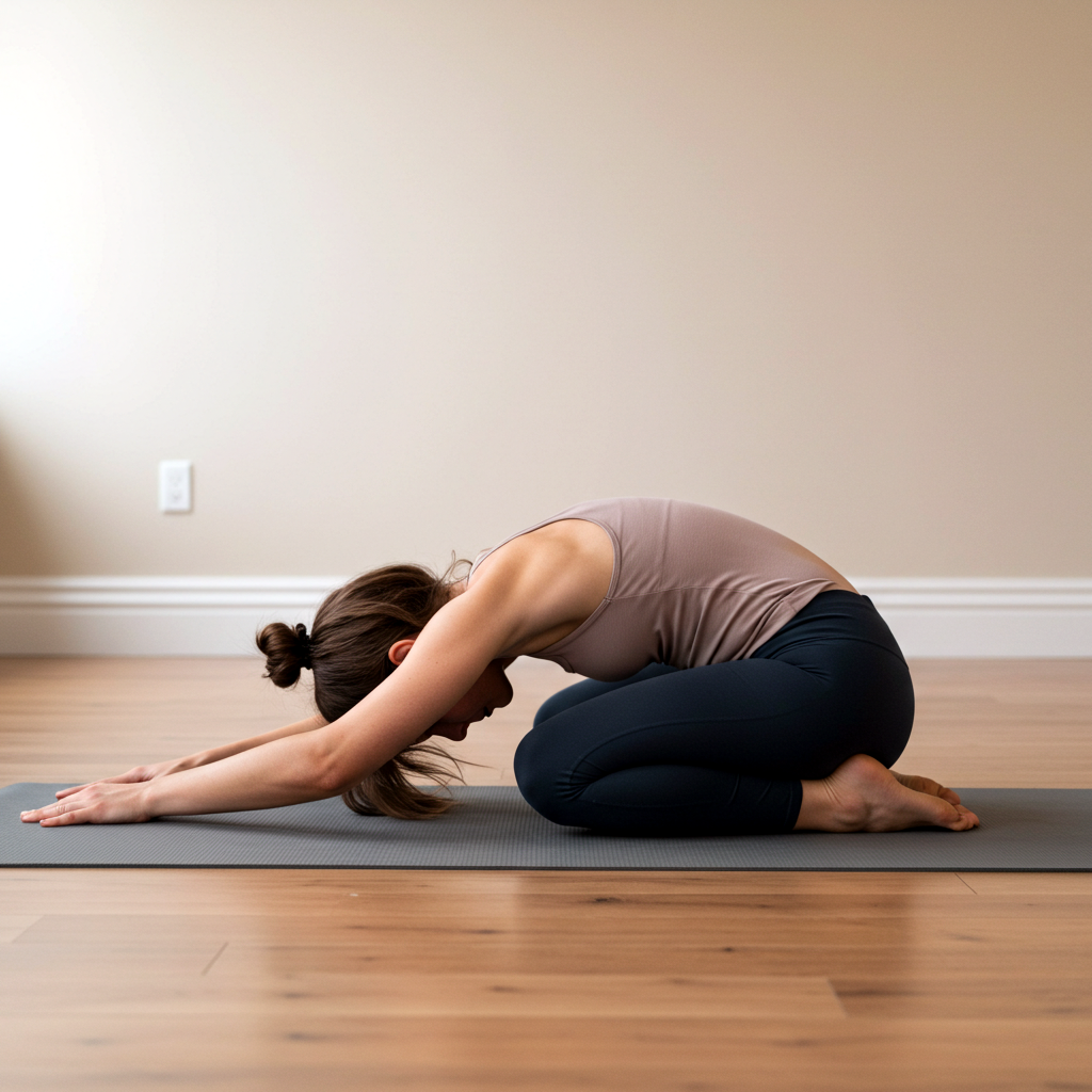 Woman in child’s pose with arms stretched forward on the mat.