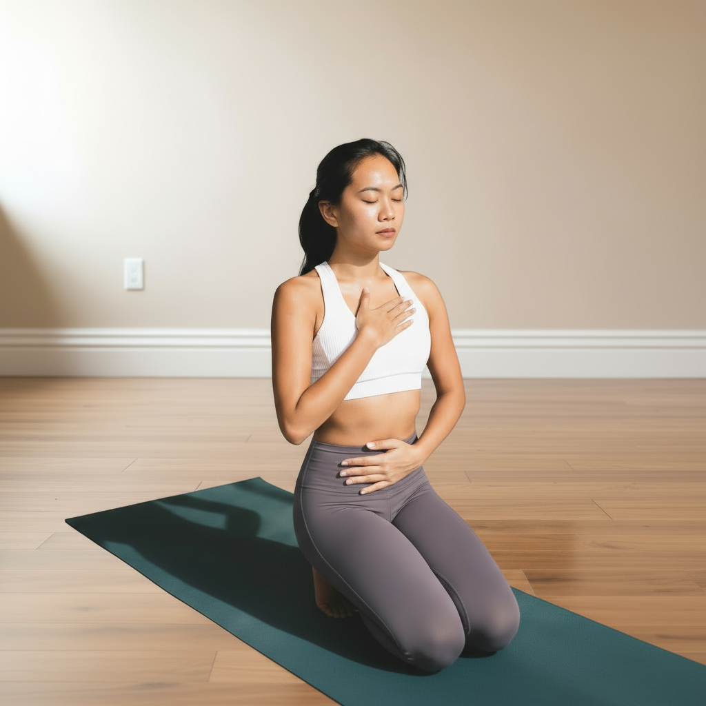 Woman kneeling with eyes closed, hands on chest and belly for mindful breathing.