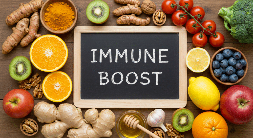 Flat lay of fruits, vegetables, spices, and a chalkboard reading "IMMUNE BOOST" arranged on a wooden surface.