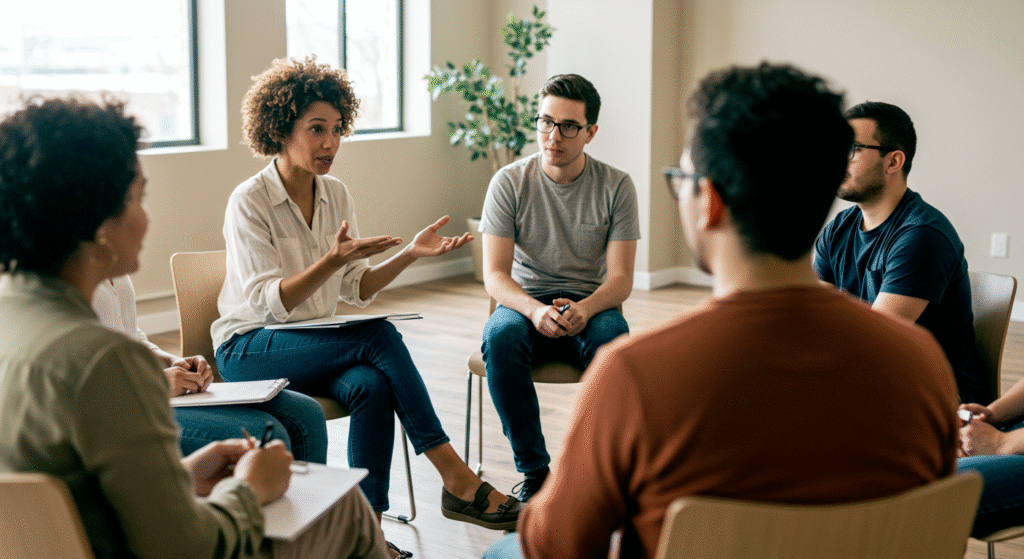 Support group meeting emphasizing mental health awareness and shared coping strategies.
