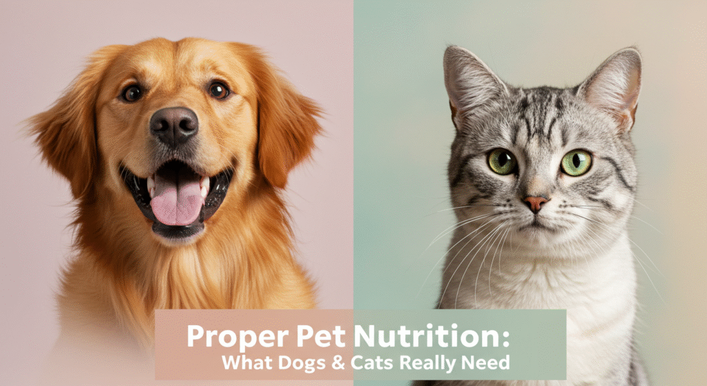 Happy dog and cat with shiny coats, text overlay “Proper Pet Nutrition.”
