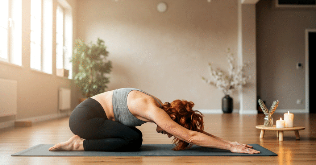 Beginner practicing Child’s Pose for relaxation yoga routine.
