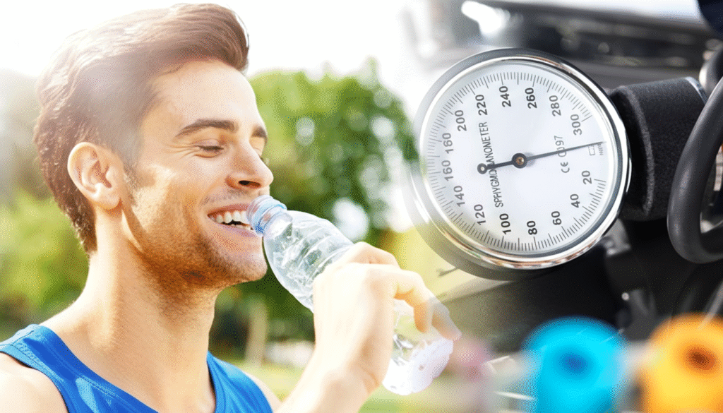 A smiling man drinking water from a bottle outdoors, alongside a close-up of a blood pressure gauge, symbolizing the link between hydration and blood pressure health.