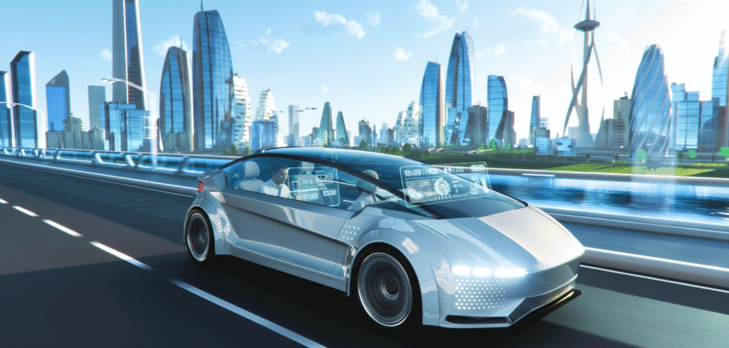 A sleek self-driving car with futuristic digital displays on its windows driving through a modern smart city with tall glass skyscrapers and advanced architecture under a bright blue sky.