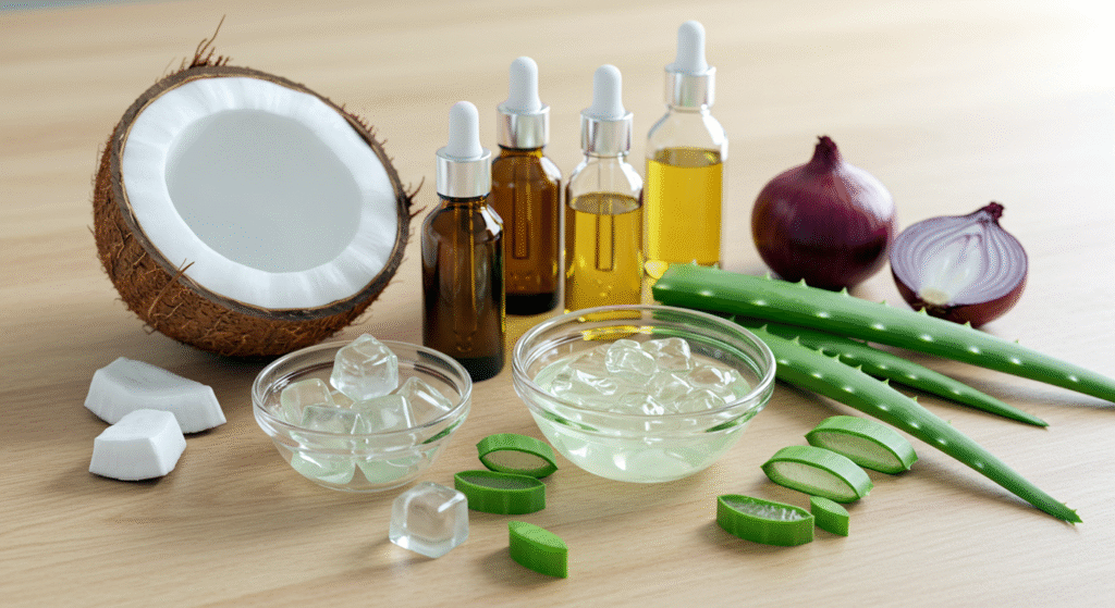 Natural skincare ingredients with coconut, aloe vera, oils, and a red onion on light wood.