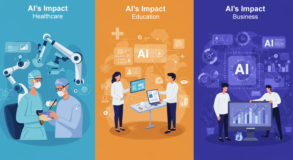 Illustration showing AI in healthcare, education, and business with a robotic surgeon, AI tutor, and business analytics dashboard.