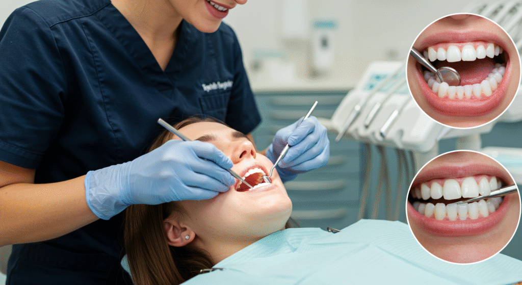 Dentist examining a patient’s teeth with dental tools, with close-up insets of clean teeth checks.