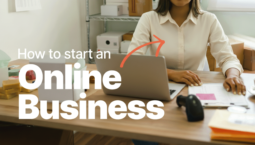 Woman working on a laptop at her desk with packaging boxes in the background, representing how to start an online business from home.