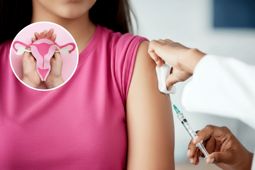 Girl receiving HPV vaccine injection in the arm with an inset illustration of the female reproductive system.