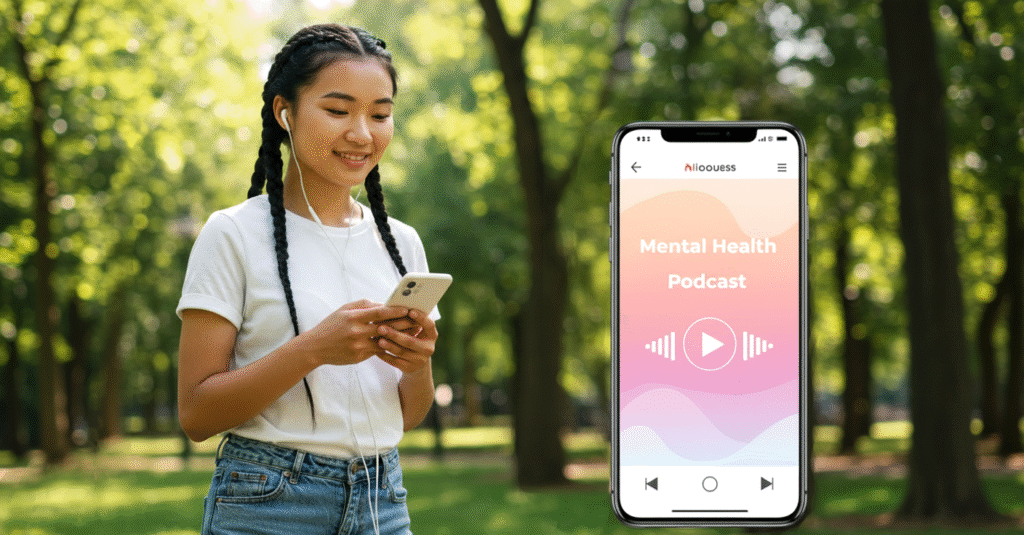 Teen girl with braids listening to a podcast on her phone in a park, with a large phone screen overlay showing "Mental Health Podcast."