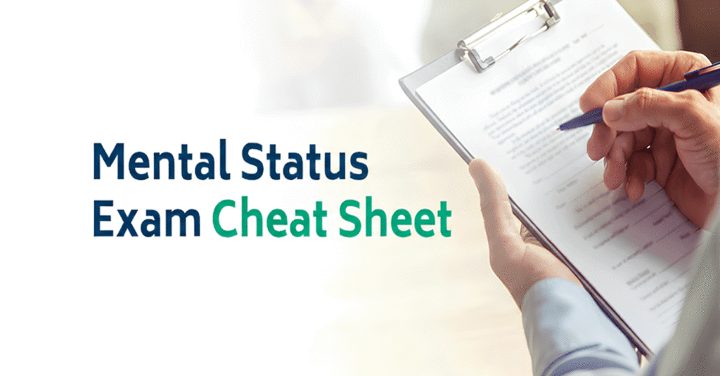 Person holding a clipboard with text that says “Mental Status Exam Cheat Sheet.