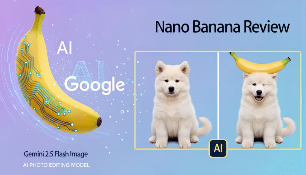 AI-themed image with a digital banana on the left and two playful puppies on the right, one wearing a banana, with “Nano Banana Review” text overlay.