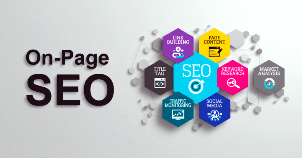 On-page SEO concept showing elements like link building, page content, keyword research, market analysis, social media, traffic monitoring, and title tag in a colorful hexagon infographic.