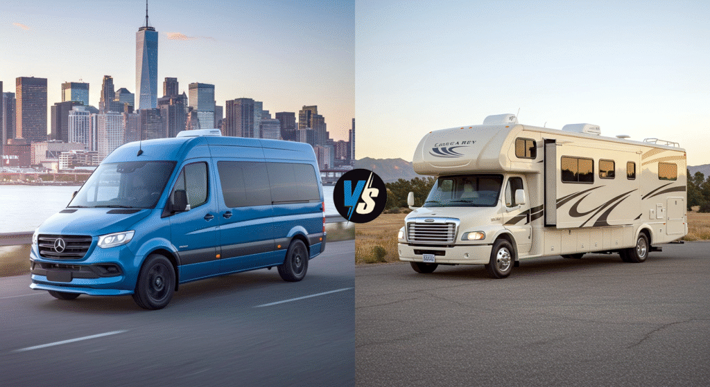 Comparison of van life compact vehicle and large RV.