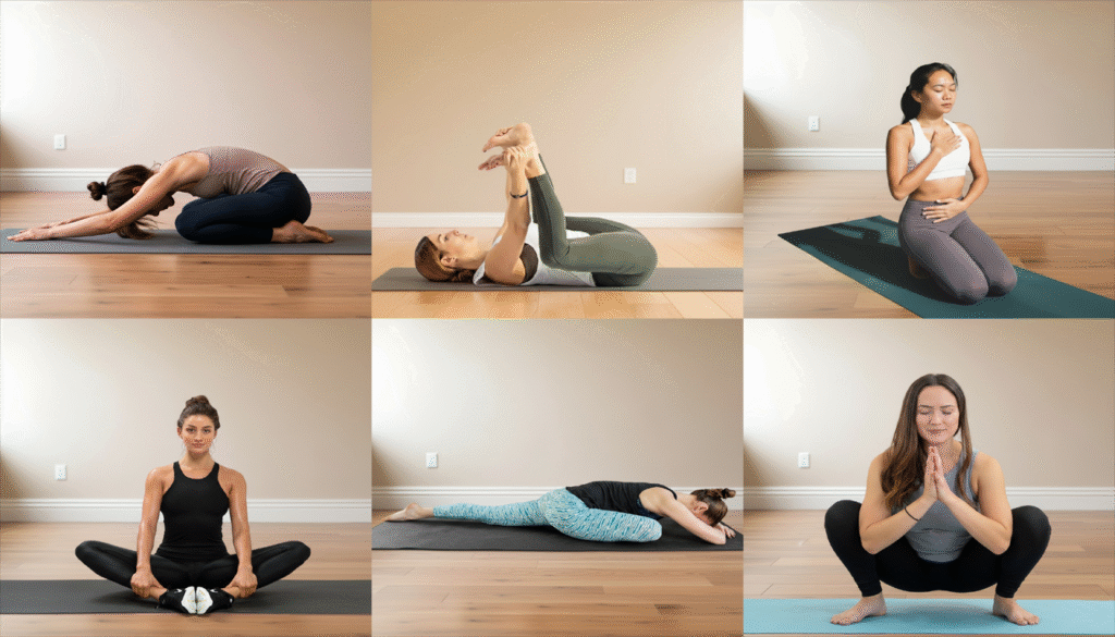 A collage of six women doing different yoga poses indoors, including child’s pose, happy baby, mindful breathing, bound angle, pigeon, and garland pose.
