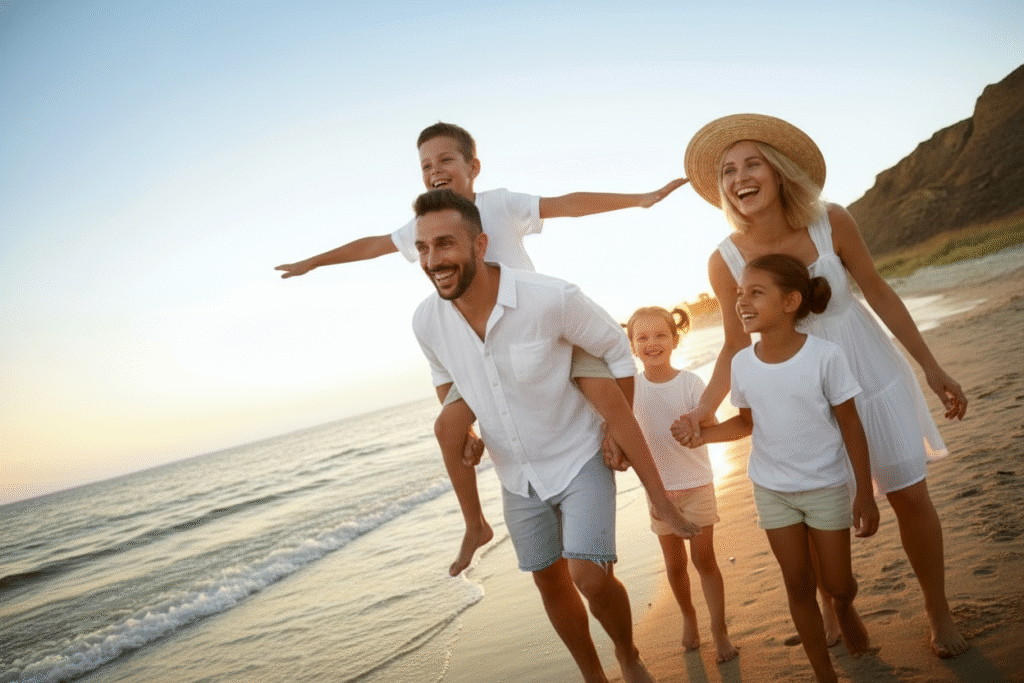 Top Destinations for Family Vacations: Best Trips for All Ages Happy family enjoying a beach vacation at sunset, with parents and three children laughing and walking barefoot on the sand.