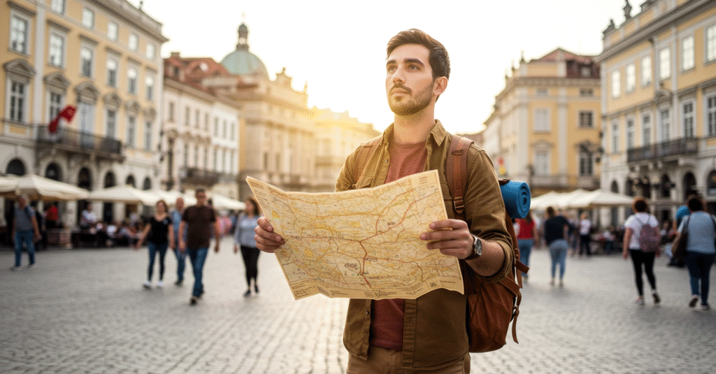 Solo traveler navigating safely with a map.