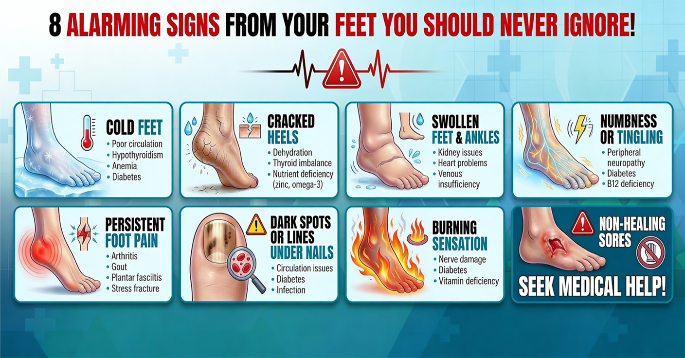 Infographic showing 8 warning signs from your feet that may indicate serious health problems and when to seek medical help.